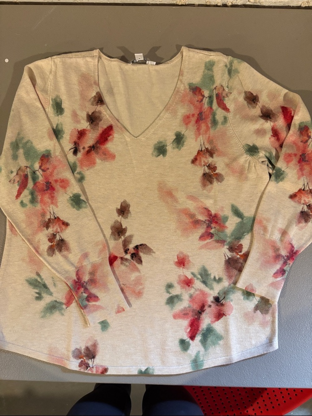 Chico's Cream V-Neck Sweater with Red & Green Floral Print